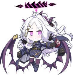 1girl absurdres ahoge armband black_coat black_gloves black_halo black_skirt blue_archive breasts chibi coat coat_on_shoulders demon_girl demon_horns demon_wings full_body gloves halo highres hina_(blue_archive) horns long_hair looking_at_viewer nichika_(nitikapo) purple_eyes red_armband simple_background skirt small_breasts solo standing white_background white_hair wings