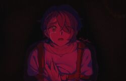 Rule 34 | 1boy, commentary, crying, eyes visible through hair, hair over one eye, highres, jeiyllow, male focus, milgram, open mouth, red theme, sakurai haruka (milgram), signature, solo, straitjacket, streaming tears, tears