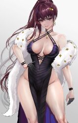 1girl absurdres bare_shoulders breasts breasts_apart collarbone dolla_(dark_rose)_(nikke) dolla_(nikke) dress goddess_of_victory:_nikke hand_on_own_hip hashtag-only_commentary highres kyel_hyde large_breasts long_hair looking_at_viewer open_mouth plunging_neckline ponytail purple_eyes side_ponytail simple_background sketch smile solo very_long_hair white_background