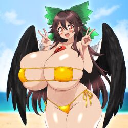 :d art_trade bikini bird_wings black_hair black_wings blue_sky bow breasts cape cleavage cloud commentary cowboy_shot curvy double_v english_commentary flavoredgumball gigantic_breasts gold_bikini green_bow groin hair_bow hair_flaps highres horizon looking_at_viewer navel open_mouth outdoors red_eyes reiuji_utsuho seireiart side-tie_bikini_bottom skindentation sky smile swimsuit third_eye touhou v white_cape wings