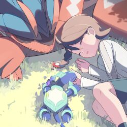 1girl blueberry_academy_school_uniform brown_hair hair_ornament hairpin juliana_(pokemon) koraidon nintendo on_grass pokemon pokemon_sv school_uniform shirt short_hair sleeping suimoku_(hzdg5322) terapagos terapagos_(normal) white_shirt