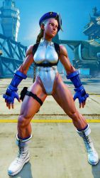 1girl 3d alternate_color alternate_skin_color antenna_hair bare_shoulders blonde_hair blue_eyes blue_gloves blue_hat braid breasts cammy_white covered_navel curvy dark_skin gloves groin hat highleg highleg_leotard highres large_breasts leotard lips long_hair ryona screencap shiny_clothes sky solo street_fighter street_fighter_v thighs third-party_edit thong_leotard twin_braids very_long_hair white_leotard wide_hips