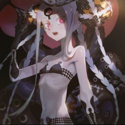 1girl abigail_williams_(fate) abigail_williams_(swimsuit_foreigner)_(fate) abigail_williams_(swimsuit_foreigner)_(first_ascension)_(fate) bikini black_bikini black_bow black_gloves bow breasts bright_pupils colored_skin corruption dark_persona double_bun fate/grand_order fate_(series) gloves hair_bow hair_bun hat keyhole long_hair looking_at_viewer multiple_hair_bows navel orange_bow ota_(ota-0000) parted_bangs polka_dot polka_dot_bow possessed possession red_eyes sharp_teeth small_breasts solo swimsuit teeth tentacles third_eye two-tone_headwear upper_body very_long_hair white_hair white_pupils white_skin yog-sothoth