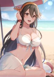 1girl beach bikini black_hair blush breasts brown_eyes cleavage collarbone day frilled_bikini frills front-tie_bikini_top front-tie_top hair_between_eyes hair_ornament hairband hairclip haruna_(2016_swimsuit)_(kancolle) haruna_(kancolle) headgear highres kantai_collection large_breasts long_hair looking_at_viewer natsume_(natsume_melio) navel ocean open_mouth outdoors sand sarong sitting smile solo swimsuit water white_bikini white_sarong