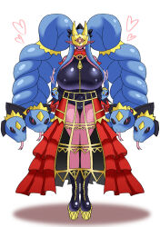 black_eyes breasts colored_skin crown digimon digimon_(creature) heart heppoko_death looking_at_viewer mask medusamon red_eyes red_skin ribbon shadow simple_background snake snake_hair tongue tongue_out white_background