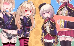 2girls bare_shoulders beret black_jacket black_pantyhose black_thighhighs blonde_hair blush buch_alma capelet embarrassed emil_chronicle_online frilled_skirt frills garter_straps grey_hair hat highres jacket japanese_clothes multiple_girls multiple_views navel open_mouth panties pantyhose pink_panties purple_eyes purple_thighhighs red_capelet red_eyes red_skirt senji_jp skirt striped_clothes striped_thighhighs sweatdrop tarantula_alma tearing_up thighhighs twintails underwear