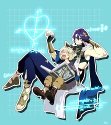 2boys :o age_difference aged_down aqua_background armpit_peek aventurine_(honkai:_star_rail) blonde_hair blue_pants blush bob_cut book boots brown_footwear brown_pants chalk child closed_mouth constricted_pupils crossed_legs curtained_hair dr._ratio_(honkai:_star_rail) eyeliner full_body grid_background hair_ornament head_rest heart highres holding holding_book holding_chalk honkai:_star_rail honkai_(series) invisible_chair kakavasha_(honkai:_star_rail) leaf_hair_ornament looking_up makeup male_focus math multicolored_eyes multiple_boys open_book open_mouth outline pants pirohi_(pirohi214) purple_eyes purple_hair red_eyeliner red_eyes sandals short_hair signature sitting smile sparkle sparkling_aura split_mouth time_paradox toenails toes white_outline