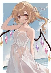 1girl absurdres arm_behind_head bare_shoulders blonde_hair blue_sky breasts cleavage closed_mouth collarbone commentary_request cowboy_shot crystal day dress flandre_scarlet hair_ribbon haruki_(colorful_macaron) highres long_hair looking_at_viewer one_side_up outdoors red_eyes ribbon sky sleeveless sleeveless_dress smile solo spaghetti_strap sundress touhou white_dress white_ribbon wings