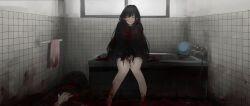 1girl absurdres bathroom bathtub black_hair black_shirt blood blood_on_clothes blood_on_face blood_on_feet blood_on_hands blood_on_wall bucket closed_eyes clothes_on_floor commentary_request corpse disembodied_head faucet full_body guro highres long_hair murder neckerchief no_nose original pikuson red_neckerchief shirt sidelocks sitting smile teeth tile_floor tile_wall tiles towel upper_teeth_only