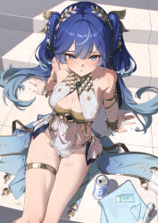 1girl ancient_greek_clothes arm_support armlet bare_shoulders blue_eyes blue_hair blue_skirt blush breasts can cleavage commentary drink_can feet_out_of_frame fingernails from_above gold_bra greco-roman_clothes groin hair_belt hair_ornament head_wreath highres iuno_(wuthering_waves) jewelry looking_at_viewer meda medium_breasts miniskirt multicolored_hair parted_lips ring showgirl_skirt signature sitting skirt solo streaked_hair thighlet thighs twintails wuthering_waves