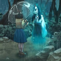 2girls absurdres black_hair blue_skirt brown_footwear brown_hair brown_vest commentary detached_sleeves english_commentary fading fox_mask francisco_mon ghost glowing hidden_face highres holding holding_umbrella japanese_clothes long_hair mask messy_hair multiple_girls nontraditional_miko original rain ribbed_sweater short_hair skirt sweater transparent transparent_umbrella umbrella vest