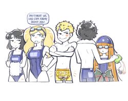 2boys 3girls amamiya_ren bad_tag bijouoffline blonde_hair blue_eyes breasts brown_hair cropped_legs goggles highres medium_breasts multiple_boys multiple_girls one-piece_swimsuit persona persona_5 sakamoto_ryuuji sakura_futaba school_swimsuit simple_background smile spongebob_squarepants_(series) standing suzui_shiho swim_goggles swimsuit takamaki_anne twintails