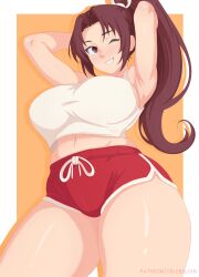 1girl armpits arms_behind_head artist_name blush breasts brown_eyes brown_hair capcom celebelian cleavage fatal_fury grink hair_ribbon highres large_breasts legs long_hair looking_at_viewer midriff navel one_eye_closed parted_lips ribbon shiranui_mai short_shorts shorts smile snk solo street_fighter street_fighter_6 tank_top the_king_of_fighters thick_thighs thighs wink