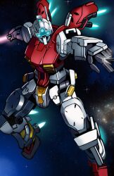 assault_visor blue_visor commentary_request energy_sword exhaust gelgoog gelgoog_(gquuuuuux) gundam gundam_gquuuuuux highres holding holding_sword holding_weapon mecha mecha_focus mobile_suit nebula no_humans outstretched_arms reibun_(raven1119) robot science_fiction solo space spread_arms star_(sky) sword thrusters weapon wire