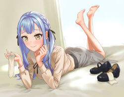 1girl absurdres bang_dream! bang_dream!_it&#039;s_mygo!!!!! barefoot blue_hair blush feet fukuda_(adsgghbg) highres long_hair lying mary_janes on_stomach shoes smile socks soles the_pose toes togawa_sakiko twintails unworn_shoes unworn_socks white_socks yellow_eyes