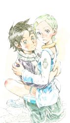 1boy 1girl aqua_hair blush brown_hair closed_mouth dress eureka_(eureka_seven) eureka_seven eureka_seven_(series) hair_ornament hairclip hetero highres looking_at_viewer purple_eyes renton_thurston short_hair simple_background white_background yasuda_akira