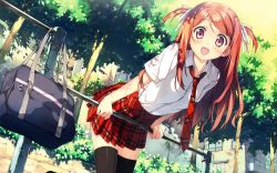 Rule 34 | 5 nenme no houkago, bag, happy, highres, kantoku, kurumi (kantoku), leggings, necktie, plaid clothes, plaid skirt, purple eyes, red hair, school bag, school uniform, skirt, smile, tagme, thighhighs, zettai ryouiki