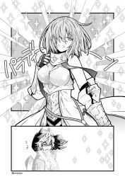 2girls armor armored_dress breasts dress fate/grand_order fate_(series) hair_over_one_eye highres hood large_breasts lilith_(fate) lilith_(first_ascension)_(fate) long_hair mash_kyrielight mash_kyrielight_(paladin) medium_hair multiple_girls pompoppo shading_eyes shining smile sparkle twitter_username