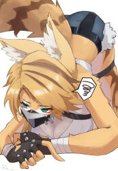 1girl animal_ear_fluff animal_ears black_gloves black_mask blonde_hair blue_shorts body_fur breasts cat_ears cat_girl cat_tail cleavage fingerless_gloves furry furry_female gloves green_eyes highres jin_(jjj) large_breasts looking_at_viewer parted_bangs pulchra_fellini shirt shorts tail thigh_strap white_shirt yellow_fur zenless_zone_zero