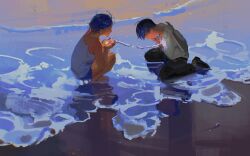 1boy 1girl absurdres amo_(amo_0514) bare_arms bare_legs bare_shoulders barefoot beach black_hair black_pants black_shoes blue_shorts camisole closed_eyes closed_mouth collared_shirt commentary_request cupping_hands dusk facing_another fantasy floating_hair from_above from_side full_body glowing_organ hands_up head_down heart_(organ) highres holding_heart_(organ) light_particles looking_down open_mouth original outdoors own_hands_together pants profile reflection reflective_water sand shallow_water shirt shoes short_hair short_shorts short_sleeves shorts sitting smile socks squatting wariza water white_camisole white_shirt white_socks
