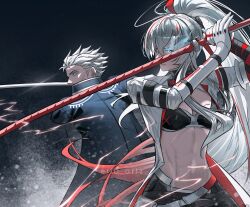 1boy 1girl absurdres alpha:_crimson_weave_(pgr) alpha_(pgr) black_bra black_coat blue_eyes bra breasts cable cleavage closed_mouth coat commentary crossover devil_may_cry_(series) devil_may_cry_5 eric_tran flaming_eye heterochromia high_ponytail highres holding holding_sword holding_weapon katana long_hair looking_ahead mechanical_arms mechanical_hands medium_breasts multicolored_hair navel ponytail punishing:_gray_raven red_eyes stomach streaked_hair sword underwear vergil_(devil_may_cry) very_long_hair weapon white_coat white_hair