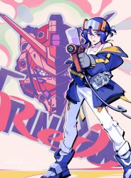 1boy blue_hair commentary goggles goggles_on_head gundam gundam_gquuuuuux highres jacket mecha mobile_suit paint_splatter ponytail red_eyes red_gundam robot science_fiction shuji_ito symbol-only_commentary v-fin zerogorgeth