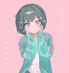 1girl aegyo_sal black_hair blue_jacket blush bow cevio flower hair_bow hands_on_own_cheeks hands_on_own_face head_tilt heart highres hitose_rei jacket kurari-chan_(iyowa) kyu-kurarin_(cevio) long_sleeves looking_at_viewer multiple_hair_bows open_clothes open_jacket open_mouth pink_background pink_bow pink_eyes pink_flower shirt short_hair simple_background sleeves_past_wrists solo tearing_up track_jacket upper_body white_shirt
