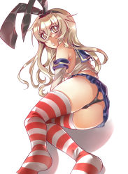 Rule 34 | 10s, 1girl, ass, blonde hair, butt crack, detached sleeves, elbow gloves, female focus, fury (pixiv 1772409), gloves, hairband, highres, kantai collection, long hair, looking at viewer, panties, pantyshot, shimakaze (kancolle), skirt, socks, solo, striped clothes, striped socks, thighhighs, underwear, upskirt, wedgie