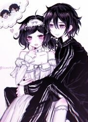 1boy 1girl :d ahoge alternate_eye_color andrew_graves anmo418 ashley_graves bare_shoulders black_hair black_jacket black_pants breasts choker chromatic_aberration cleavage colored_skin double-parted_bangs dress feet_out_of_frame frilled_dress frilled_sleeves frilled_socks frills grin hair_between_eyes hairband hashtag-only_commentary heart highres hug jacket knee_up layered_sleeves long_sleeves looking_at_viewer low_side_ponytail medium_hair off-shoulder_dress off_shoulder open_mouth pants pink_eyes ribbon-trimmed_dress ribbon_trim ringed_eyes short_hair short_over_long_sleeves short_sleeves side_ponytail simple_background sitting sitting_on_lap sitting_on_person small_breasts smile socks speech_bubble sweatdrop the_coffin_of_andy_and_leyley thought_bubble tongue track_jacket triple_vertical_stripe turtleneck turtleneck_jacket twitter_username white_background white_choker white_dress white_hairband white_skin zipper