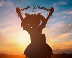 1girl angelic_kitty_miracle-chan animal_ears blue_sky cat_ears cat_girl chain cloud commentary cowboy_shot english_commentary man_breaking_chains_(meme) meme miracle-chan nvi2762 outdoors silhouette sky solo sunset
