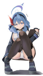 1girl absurdres akinoji_(akiponpon27) ako_(blue_archive) ass black_thighhighs blue_archive blue_eyes blue_gloves blue_hair blue_hairband blue_halo blue_shoes blush breasts closed_mouth commentary_request gloves hair_between_eyes hairband half_gloves halo highres large_breasts panties pantyshot partial_commentary red_ribbon ribbon shirt shoes sideboob sideless_shirt simple_background smile solo thighhighs underwear white_background white_panties white_shirt