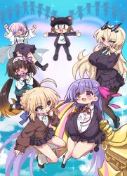:d absurdly_long_hair ahoge animal_ears artoria_pendragon_(fate) barghest_(fate) black_jacket black_pantyhose black_skirt blonde_hair blue_eyes braid breasts brown_hair brown_jacket cat_ears claw_(weapon) commentary commission cosplay crown_braid eiai_nano eiai_nano_(cosplay) english_commentary fate/grand_order fate_(series) gakuran gigantic_breasts gradient_hair green_vest hair_over_one_eye hair_ribbon half_updo hanazono_hakari hanazono_hakari_(cosplay) heterochromia highres inda_karane inda_karane_(cosplay) indie_virtual_youtuber jacket kiba_yaeba kimi_no_koto_ga_dai_dai_dai_dai_daisuki_na_100-nin_no_kanojo lab_coat large_breasts long_hair low_twintails mash_kyrielight miniskirt multicolored_hair neco_spirit ohananomitsu_high_school_uniform open_mouth orange_hair original osakabehime_(fate) pantyhose parody passionlip_(fate) pink_eyes pink_hair pink_ribbon pleated_skirt poster_parody purple_hair red_eyes ribbon saber_(fate) school_uniform second-party_source shirt silhouette skirt smile suspender_skirt suspenders twintails very_long_hair vest weapon white_shirt yakuzen_kusuri yakuzen_kusuri_(cosplay) yoshimoto_shizuka yoshimoto_shizuka_(cosplay)