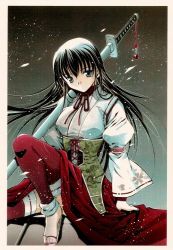 1girl bad_id bad_pixiv_id black_eyes black_hair female_focus japanese_clothes katana long_hair moonsorrow outdoors petals solo sword thighhighs weapon wind