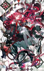 1girl absurdres arknights bishop_(chess) black_dress chess_piece chessboard dress full_body grid_background highres holding holding_staff horns key lock long_hair looking_at_viewer mento nymph_(arknights) off_shoulder open_mouth pawn_(chess) pointy_ears red_eyes red_hair red_shoes shoes smile solo staff unfinished very_long_hair wavy_hair white_background