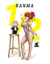 1boy 1girl :o air_kiss alternate_costume alternate_hairstyle bald blue_eyes breasts dress earrings feet full_body happosai high_heels highres jewelry large_breasts linkartoon nails numbered old old_man ranma-chan ranma_1/2 red_hair sending_kiss size_difference smile tall_female white_background