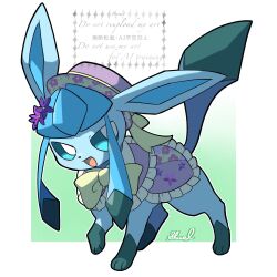animal_focus blue_eyes clothed_pokemon flower full_body gen_4_pokemon glaceon glaceon_(spring_flower) hat highres nintendo no_humans open_mouth pokemon pokemon_(creature) pokemon_cafe_remix ribbon shual3734 smile