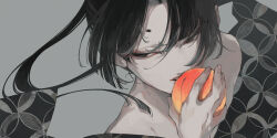 Rule 34 | 1boy, absurdres, bare shoulders, bishounen, black hair, commentary, food, fruit, grey background, highres, holding, holding food, holding fruit, long hair, male focus, original, peach, shimizu en (shimizuen3310), solo, upper body