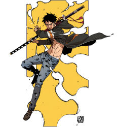 Rule 34 | 1boy, black hair, chest tattoo, grey pants, hand tattoo, highres, holding, holding sword, holding weapon, hood, hood down, long sideburns, long sleeves, looking to the side, male focus, male underwear, male underwear peek, one piece, open mouth, pants, short hair, sideburns, solo, sword, tattoo, toned, toned male, trafalgar law, underwear, weapon, yungun