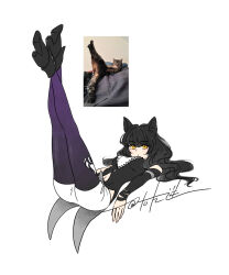 1girl animal_ears ass black_hair black_pantyhose blake_belladonna cat_ears cat_pose female_focus full_body highres pantyhose pantyhose_under_shorts rwby shorts solo yellow_eyes