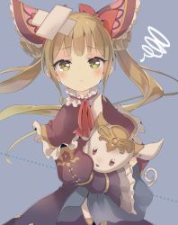 1girl :t bandaid blonde_hair blue_background blush bow commentary_request double_bun dress female_focus frilled_dress frilled_sleeves frills hair_bun hair_ornament holding lolita_fashion long_hair looking_at_viewer luna_(shadowverse) micopp pout red_ribbon ribbon shadowverse simple_background smile solo twintails upset yellow_eyes