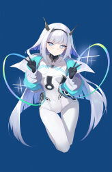 1girl ace_(shadowverse) black_hairband blue_background blue_eyes blue_jacket blunt_ends bodysuit breasts breasts_apart closed_mouth contrapposto covered_navel cropped_jacket double_v expressionless hairband highres jacket legs_folded long_hair long_sleeves looking_at_viewer medium_breasts open_clothes open_jacket puffy_long_sleeves puffy_sleeves shadowverse shadowverse:_worlds_beyond simple_background solo sparkle straight_hair sukaliya thigh_gap two-sided_fabric two-sided_jacket v very_long_hair white_bodysuit white_hair white_jacket