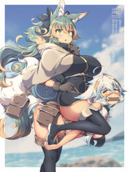 2girls animal_ear_fluff animal_ears bit_gag black_thighhighs blue_hair blurry blurry_background breasts commentary_request gag green_eyes green_hair hair_between_eyes kuromiya kuromiya_raika_(kuromiya) large_breasts multicolored_hair multiple_girls orange_hair original riding shiromiya_asuka_(kuromiya) sitting sitting_on_person tail thighhighs two-tone_hair white_hair
