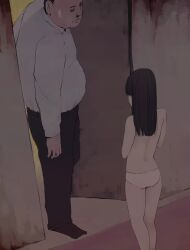1boy 1girl age_difference back black_hair black_pants collared_shirt long_hair long_sleeves median_furrow no_bra nude original otohime_(youngest_princess) panties pants shirt size_difference standing underwear underwear_only white_panties white_shirt