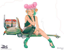1girl :/ arm_tattoo bare_shoulders blush bracelet cigarette clothing_cutout commentary crate double_bun earrings english_commentary english_text error_message full_body gradient_hair green_hair green_lips green_shoes hair_bun hand_on_own_chin high_heels highres holding holding_cigarette hover_bike jewelry knees_together_feet_apart logo looking_to_the_side medium_hair mole mole_under_eye multicolored_hair narrowed_eyes on_hover_bike original pink_hair prosthesis prosthetic_leg shoes sign sitting skirt smoke solo spindle_(aidenr0) sticker tattoo two-tone_hair warning_sign white_background white_skirt yellow_eyes