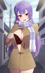 Rule 34 | 1girl, absurdres, blue sky, bra, breasts, brown coat, cloud, coat, commentary request, cowboy shot, day, exhibitionism, highres, house, large breasts, long sleeves, mole, mole on breast, mole under eye, multiple moles, original, outdoors, partially unbuttoned, plaid clothes, plaid scarf, power lines, public indecency, pussy juice, red bra, red eyes, road, sakamata (sakamata4), scarf, sky, smile, solo, street, thighs, underwear, utility pole