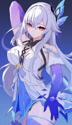 1girl absurdres anima_miko arm_up bare_shoulders breasts closed_mouth collarbone dress feathered_wings genshin_impact hair_between_eyes hair_ornament highres large_breasts long_hair red_eyes skirk_(genshin_impact) solo thighs white_dress white_hair wings