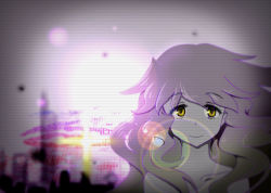 Rule 34 | 1girl, blonde hair, chromatic aberration, dark, eyebrows, eyes visible through hair, female focus, floating hair, hair over shoulder, hijiri byakuren, hokkai, lens flare, light, light particles, light smile, long hair, looking at viewer, makai (touhou), nude, purple hair, purple theme, sheng jun, smile, solo, touhou, upper body, very long hair, yellow eyes