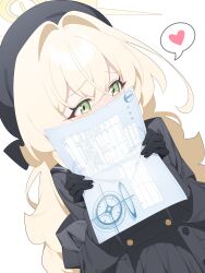 Rule 34 | 1girl, absurdres, averting eyes, black coat, black gloves, black hat, black sailor collar, black serafuku, blonde hair, blue archive, blush, buttons, coat, commentary, covering face, crossed bangs, double-parted bangs, dutch angle, embarrassed, furrowed brow, gloves, green eyes, hair between eyes, hair intakes, halo, hands up, hat, heart, high-waist skirt, highres, holding, holding paper, honi (honi1010), long hair, marriage certificate (object), messy hair, nose blush, off shoulder, paper, pleated skirt, professor niyaniya (blue archive), sailor collar, school uniform, serafuku, sidelocks, simple background, skirt, solo, speech bubble, spoken heart, symbol-only commentary, very long hair, white background, yellow halo