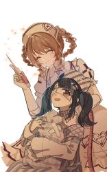 2girls ^_^ animal_ear_headwear animal_ears bare_shoulders beanie black_hair blonde_hair blunt_bangs braid braided_hair_rings breasts buttons cat_princess chinese_commentary choker cleavage cleavage_cutout closed_eyes closed_mouth clothing_cutout collar collared_dress commentary_request cowboy_shot crossed_bandaids crying crying_with_eyes_open detached_collar dot_nose dress esseling_(infinity_nikki) eyepatch fake_animal_ears frilled_dress frilled_sleeves frills gloves grey_collar grey_dress grey_hair grey_hat hair_ornament hair_rings hairclip hand_on_another&#039;s_shoulder happy hat hat_ornament heart heart_choker heart_hat_ornament heart_print highres holding holding_ruler holding_syringe hug infinity_nikki leaning_forward light_blush long_hair long_sleeves looking_at_another making-of_available medical_eyepatch medium_dress multicolored_hair multiple_girls nikki_(series) notice_lines nurse_cap off-shoulder_dress off_shoulder open_mouth parted_bangs pill_hair_ornament pink_choker pink_eyes plaid_hat puffy_short_sleeves puffy_sleeves quirky_idea_(infinity_nikki) sad_sack_(infinity_nikki) scared short_hair short_sleeves simple_background sitting sleeve_cuffs sleeves_past_wrists smile sparkle streaked_hair striped_clothes striped_dress sweet_diagnosis_(infinity_nikki) syringe syringe_hair_ornament teardrop tears twintails two-tone_collar two-tone_dress two-tone_hair upturned_eyes vertical-striped_clothes vertical-striped_collar vertical-striped_dress wavy_mouth white_background white_collar white_dress white_gloves white_hat