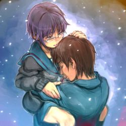 10s 1boy 1girl blood blush cardigan glasses highres hug kishizuka_kenji kyon nagato_yuki purple_hair school_uniform serafuku short_hair snow suzumiya_haruhi_no_shoushitsu suzumiya_haruhi_no_yuuutsu tears